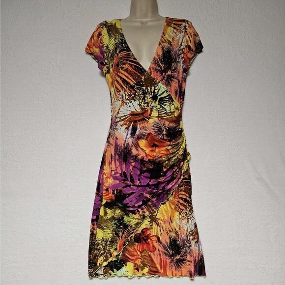 Joseph Ribkoff Women's SZ 8 Preppy Tropical Print Faux Wrap Dress Festive Colors - Picture 2 of 8